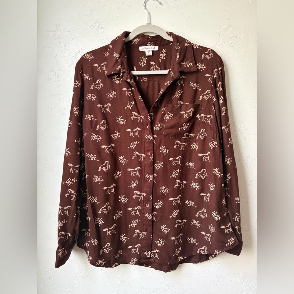 Coldwater Creek Horse Print Rayon Western Button Up Blouse Brown M - Picture 9 of 9